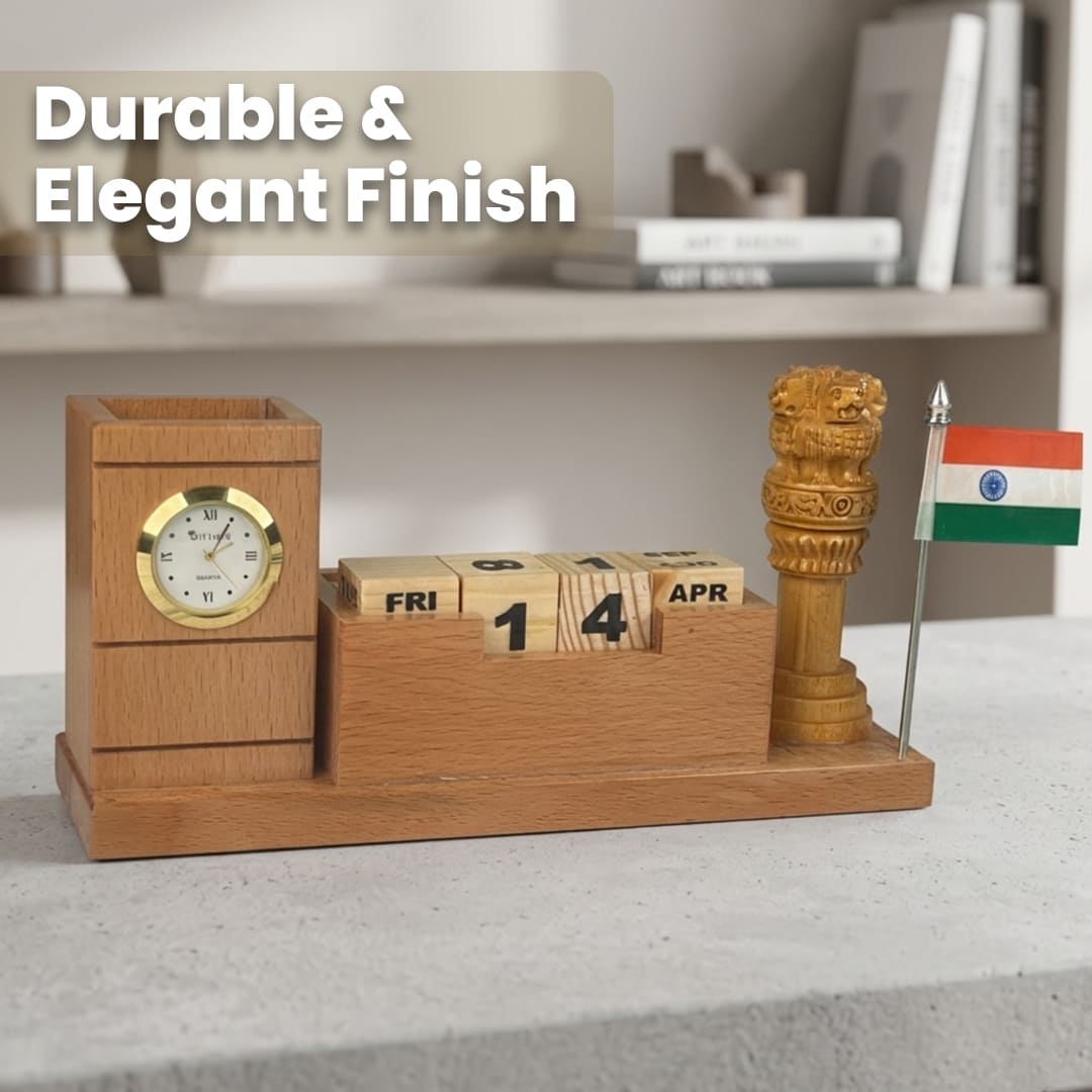 1782716333_Ashoka Stambh Wooden Desk Organizer with Clock & Calendar- 3